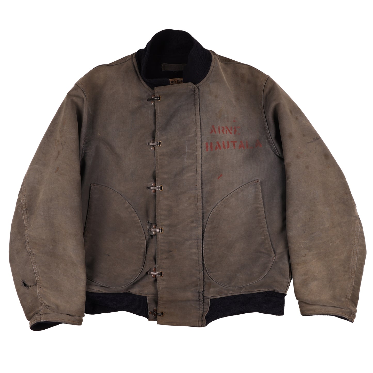 WWII USN Deck Hook Jacket & Foul Weather Deck Cap Identified to Arne A. Hautala Size 36 & 7 (1943)
