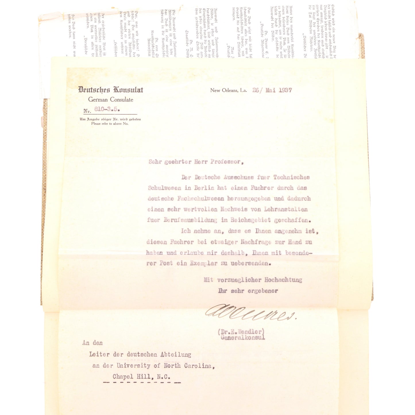 Deutsche Kunst im Wandel der Zeiten by Wilhelm Müseler with Signed Letter from Ambassador Ernst Wendler to the UNC German Language Department (May 26, 1937)