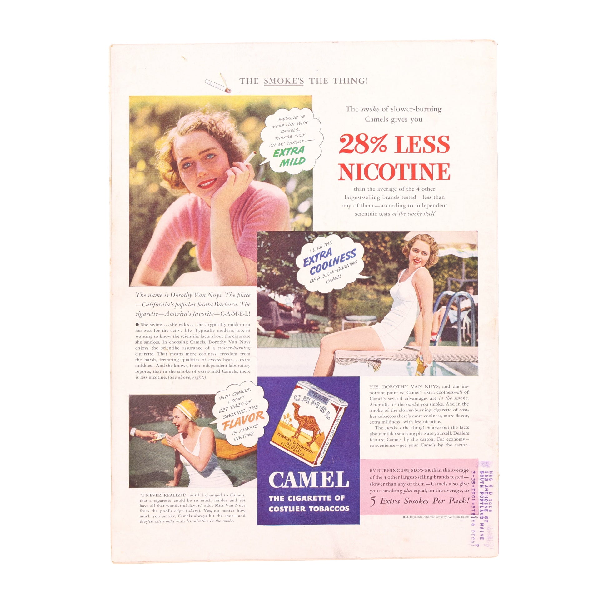Vintage Camel cigarette advertisement with woman in a pool and promotional text.