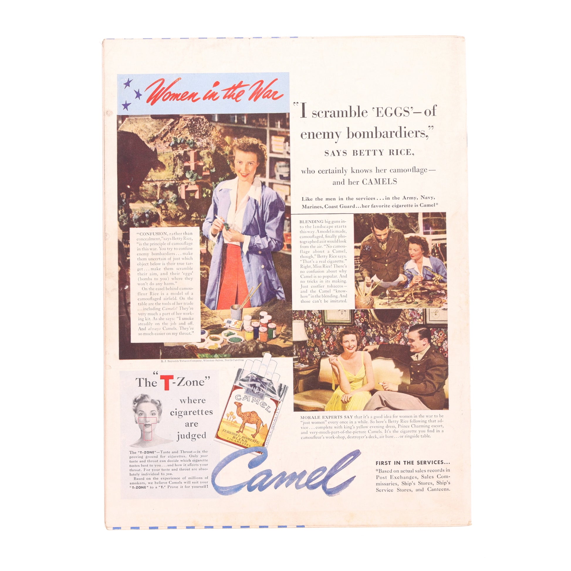 Vintage Camel cigarette advertisement featuring women in wartime roles.