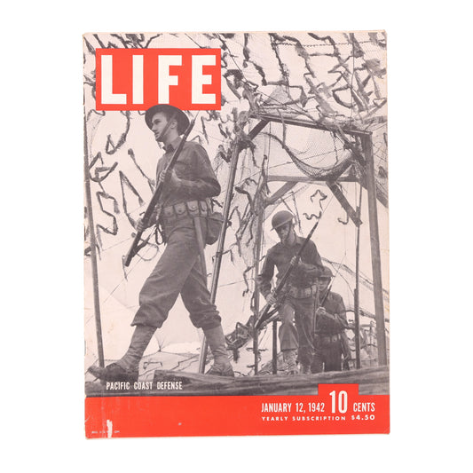 Vintage magazine cover of 'LIFE' with soldiers on a Pacific Coast Defense theme