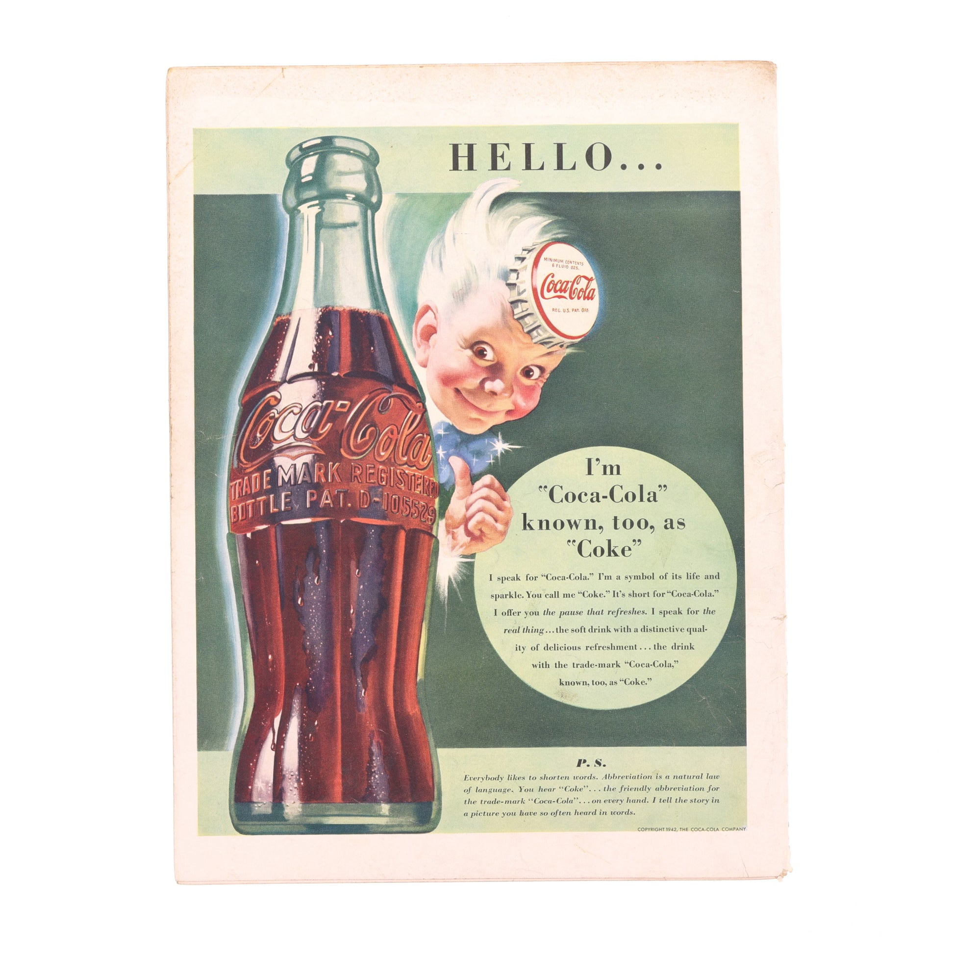 Vintage Coca-Cola advertisement with a character holding a bottle and text.