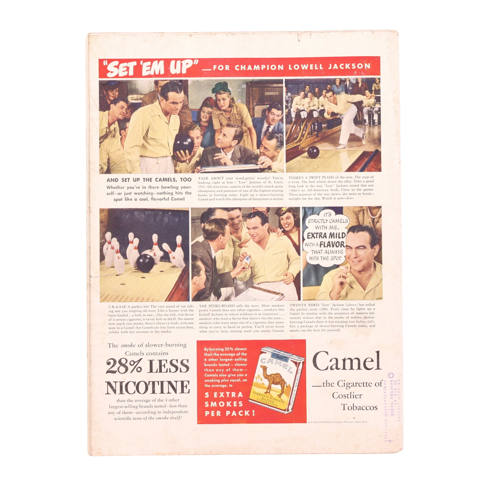 Vintage Camel cigarette advertisement with people at a bowling alley.