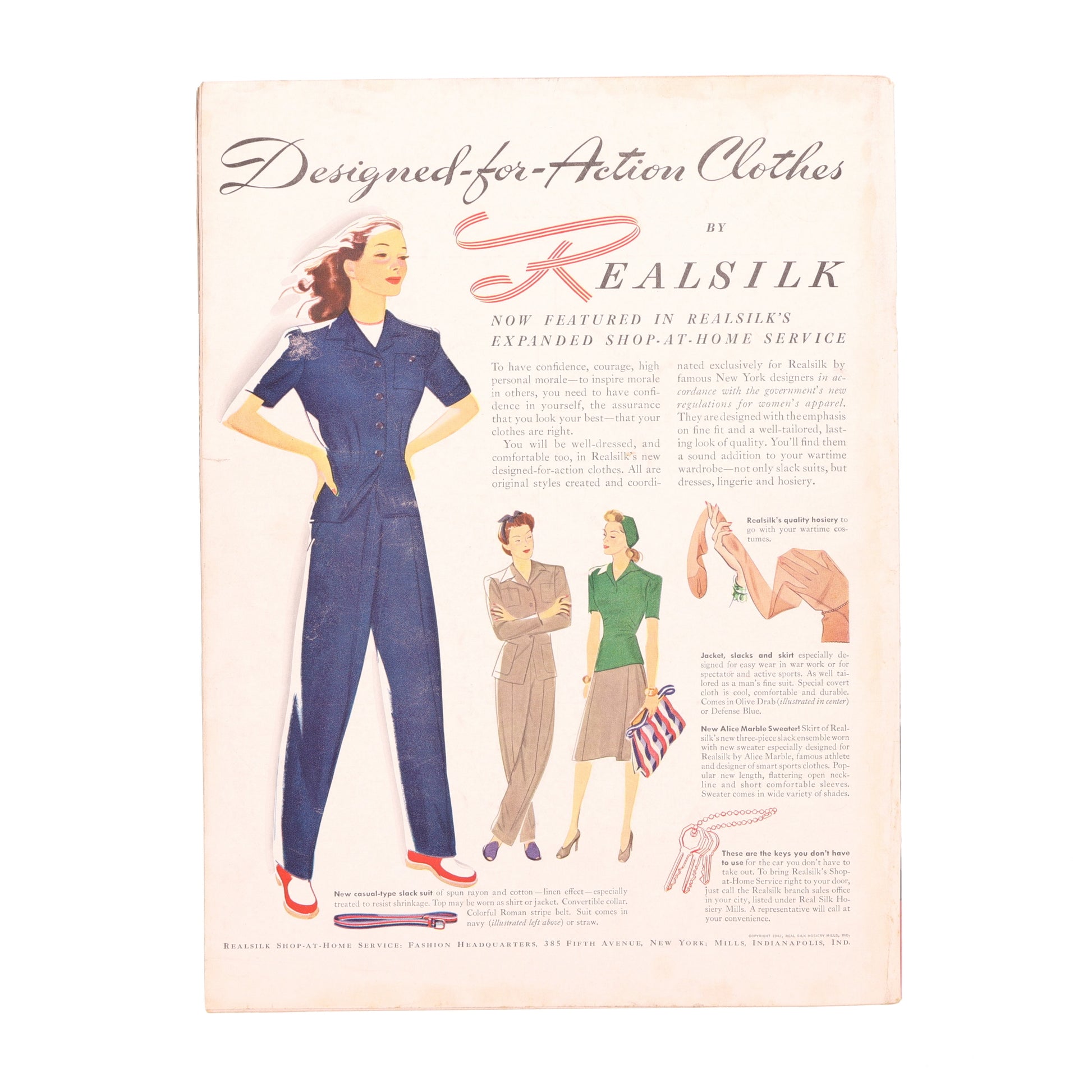 Vintage advertisement for Realsilk clothing featuring a woman in a blue jumpsuit.