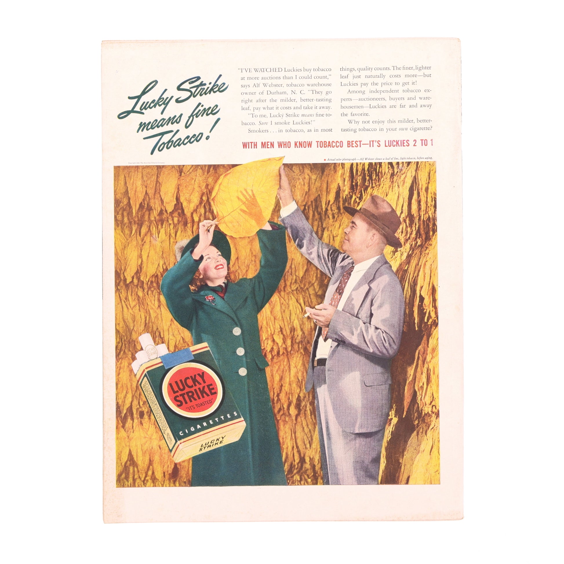Vintage Lucky Strike tobacco advertisement with a man and woman in a field.