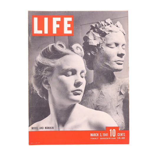Vintage 'LIFE' magazine cover with a woman and statue, featuring the magazine's logo and price.
