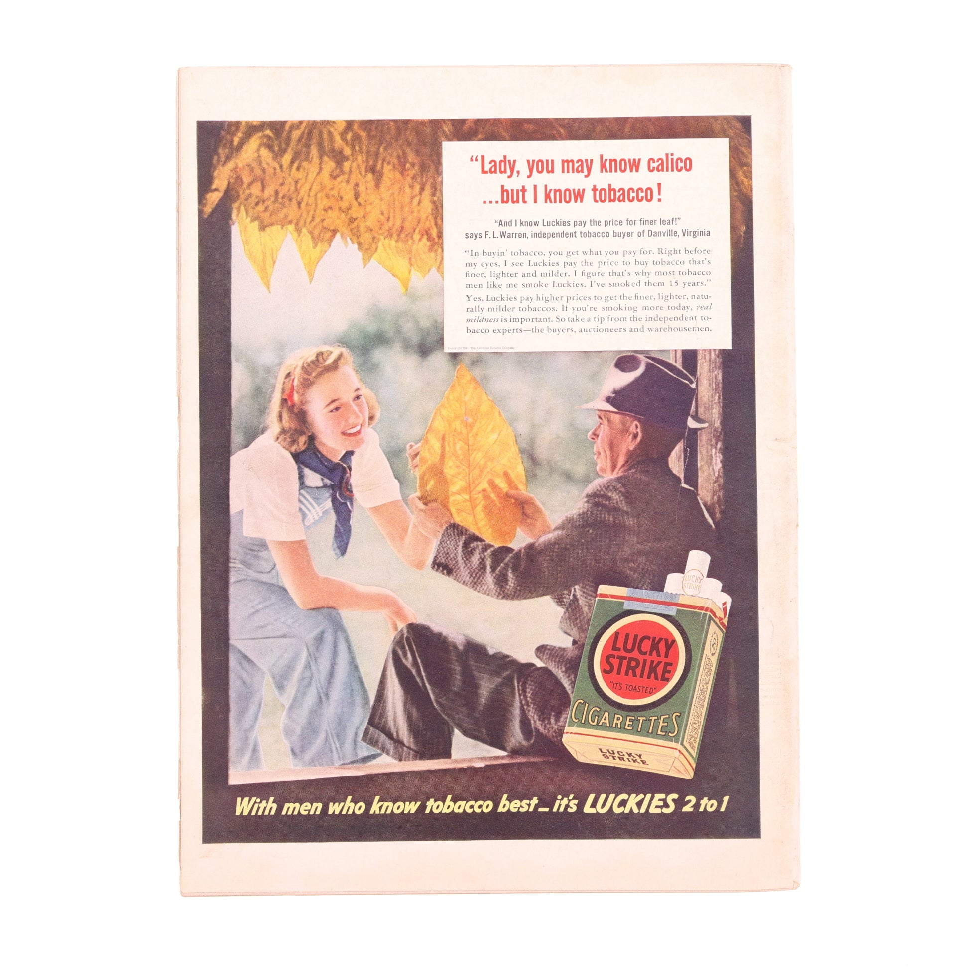 Vintage Lucky Strike cigarette advertisement with a couple under a tree.