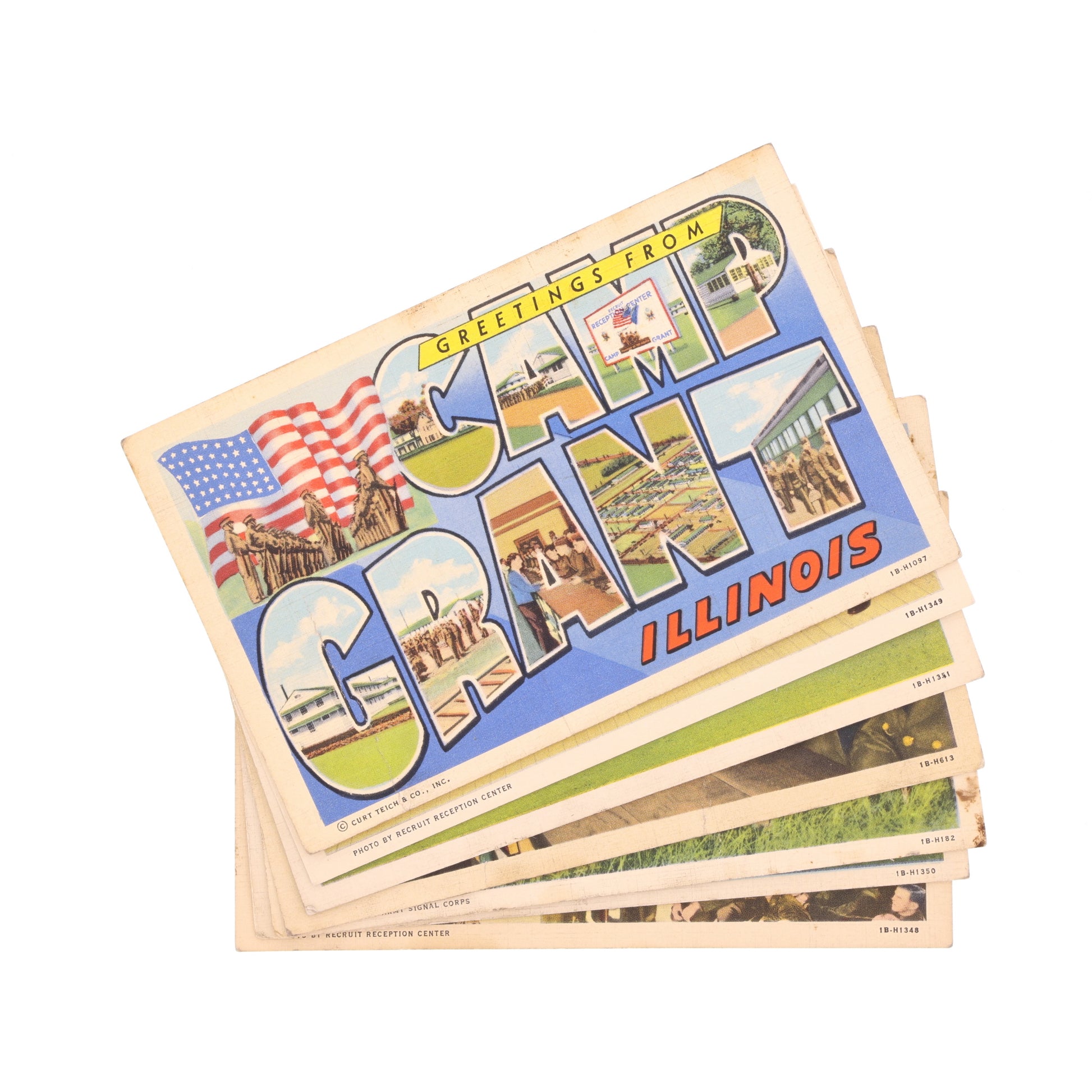 Stack of vintage-style postcards with 'Greetings from Camp Grant, Illinois' design.