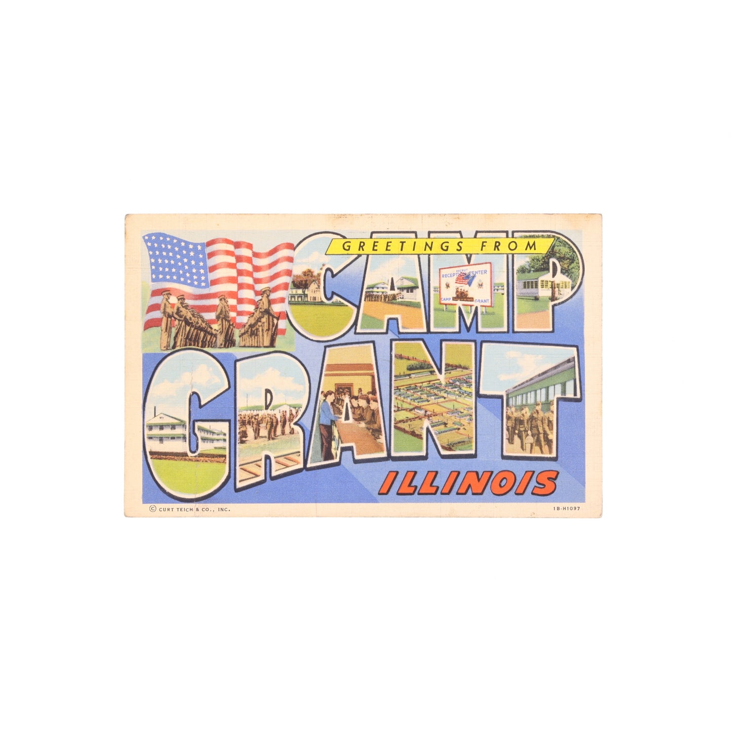 Vintage-style postcard with 'Greetings from Camp Grant, Illinois' text and patriotic elements.