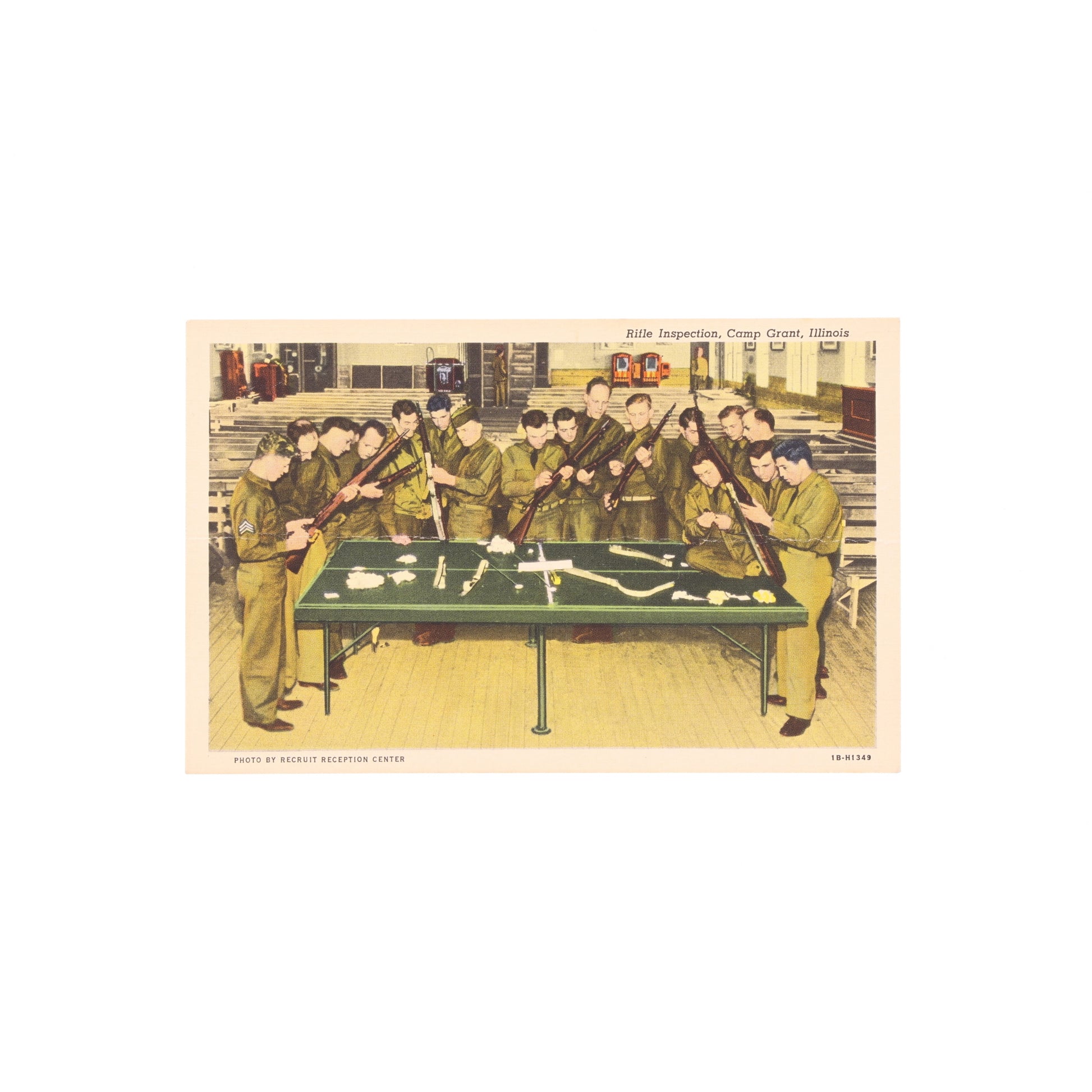 Vintage-style illustration of soldiers around a table with rifles at Camp Grant.
