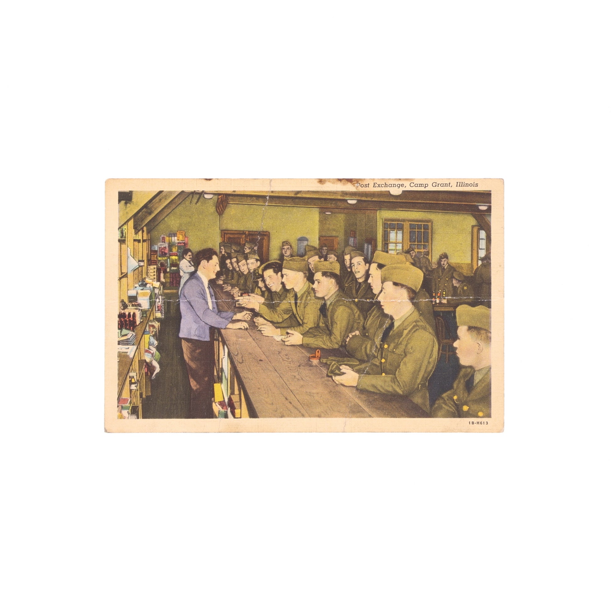 Vintage postcard of a Post Exchange scene with soldiers at Camp Grant.