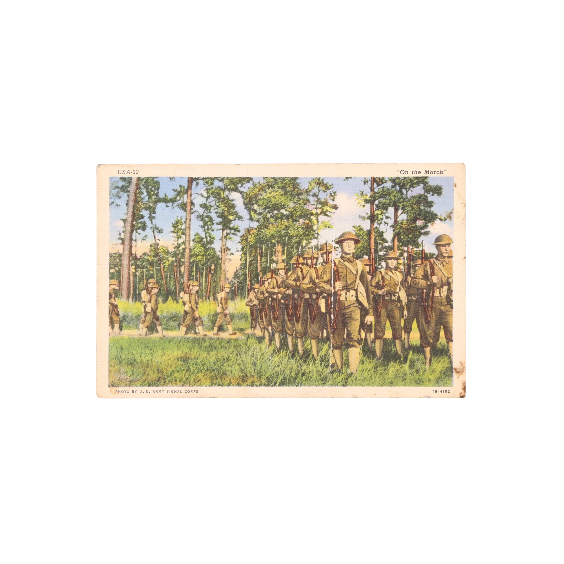 Vintage-style illustration of soldiers marching through a forest at Camp Grant