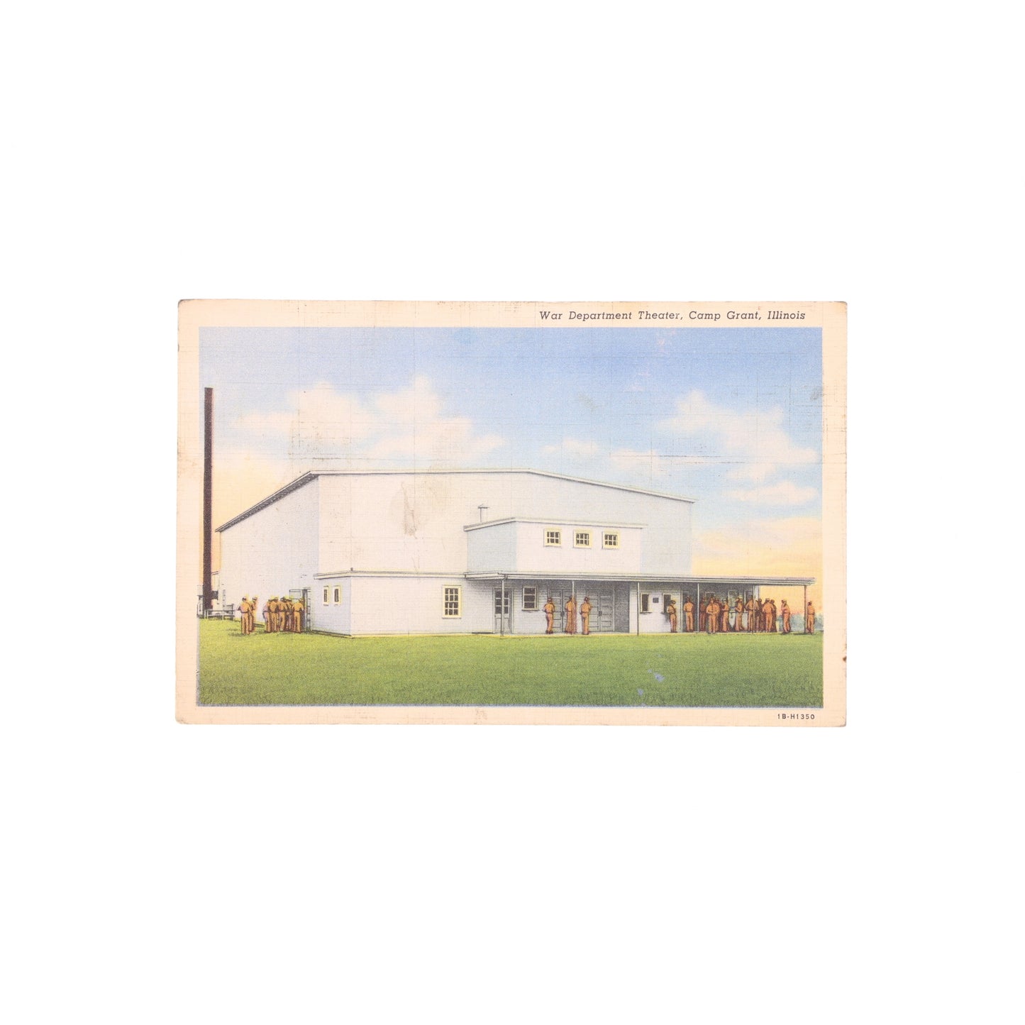 Vintage-style postcard of the War Department Theater at Camp Grant with people gathered outside.