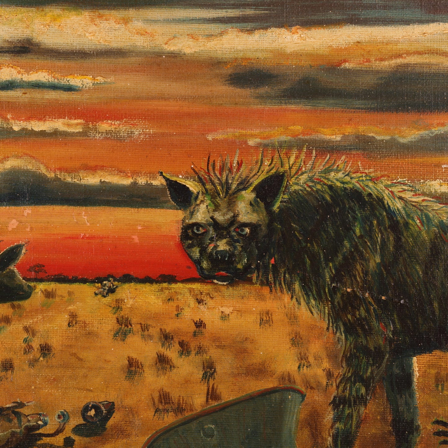 WWI-WWII Oil Painting of Two Hyenas Stalking a Wounded German Soldier by W. Wilken