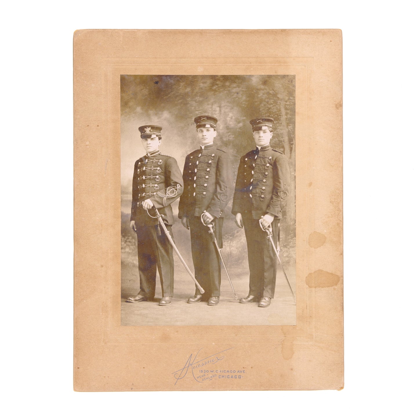 Pre-WWI U.S. Studio Photograph of Three Military Academy Cadets in Dress Uniforms with Sabers by Hugo E. Kuessner
