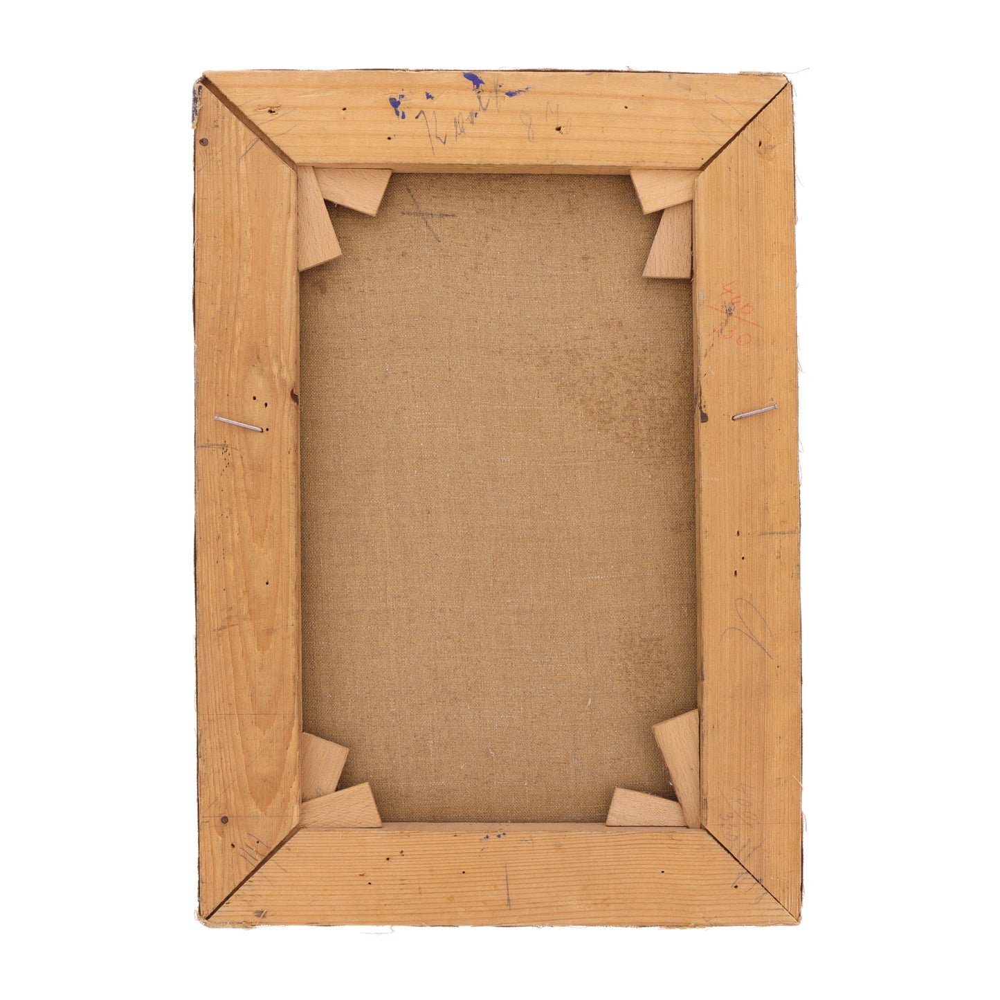 Back view of an oil painting's wooden frame on a white background