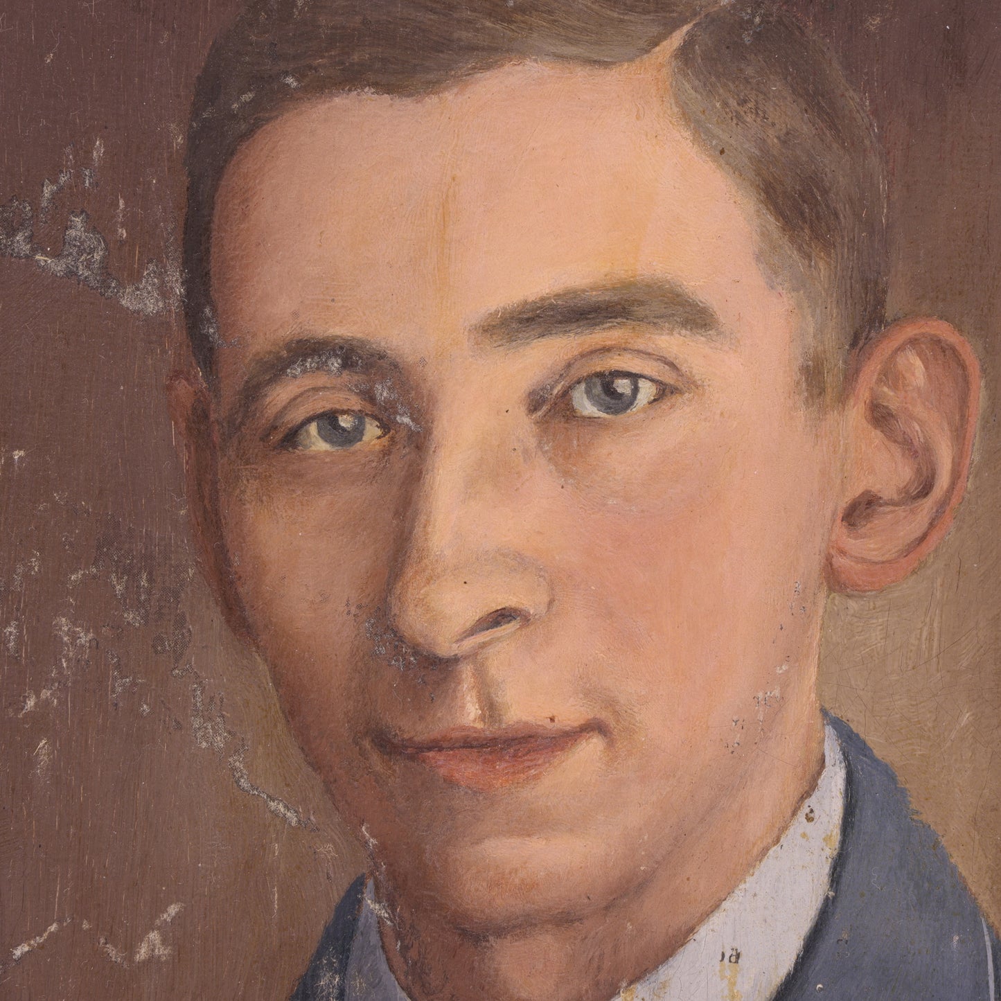 Painting of a man's face with a brown background