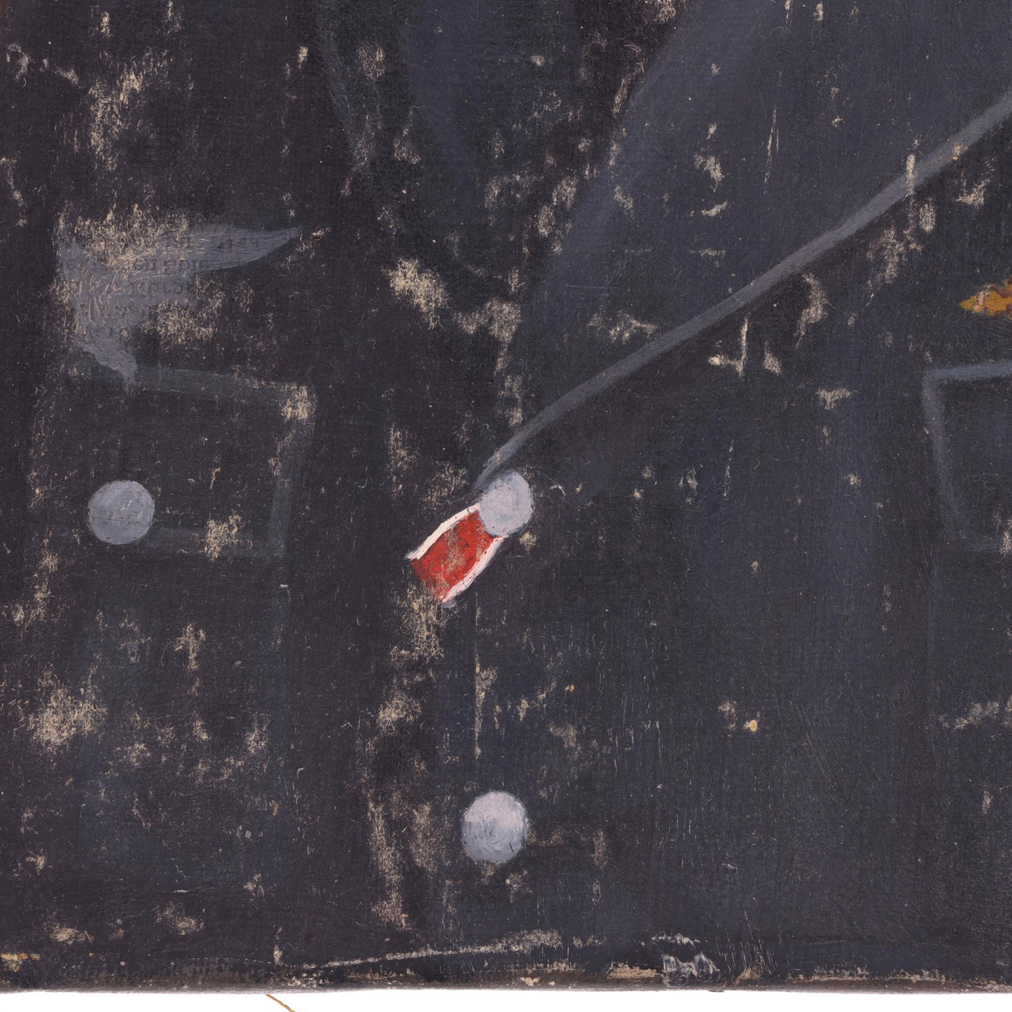 Abstract artwork with black, red, and gray colors on a textured surface