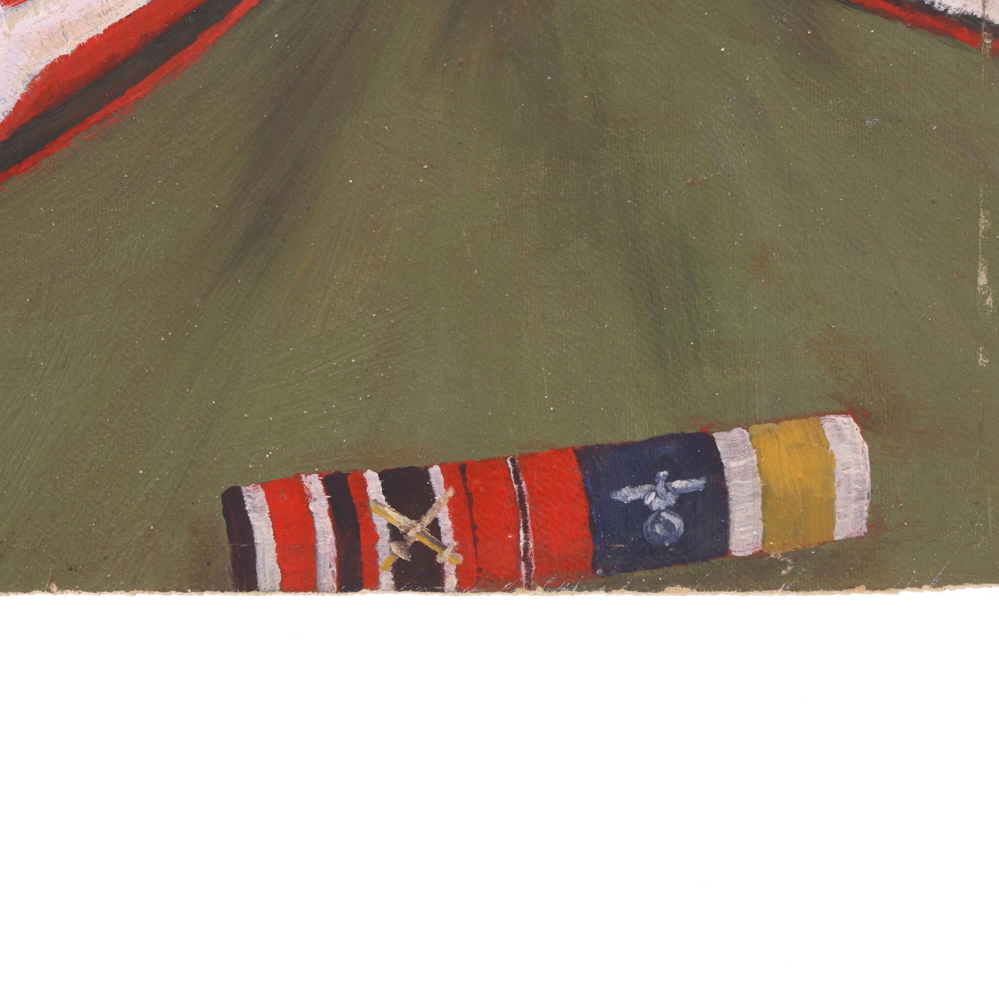 Close-up of a military uniform with ribbons on a green background