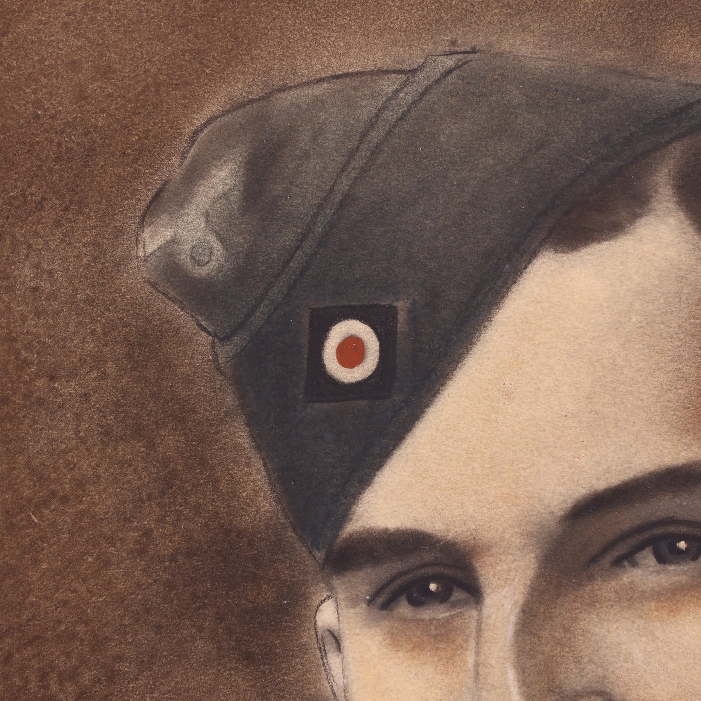 Close-up of a person wearing a military cap with a distinctive badge on a brown background