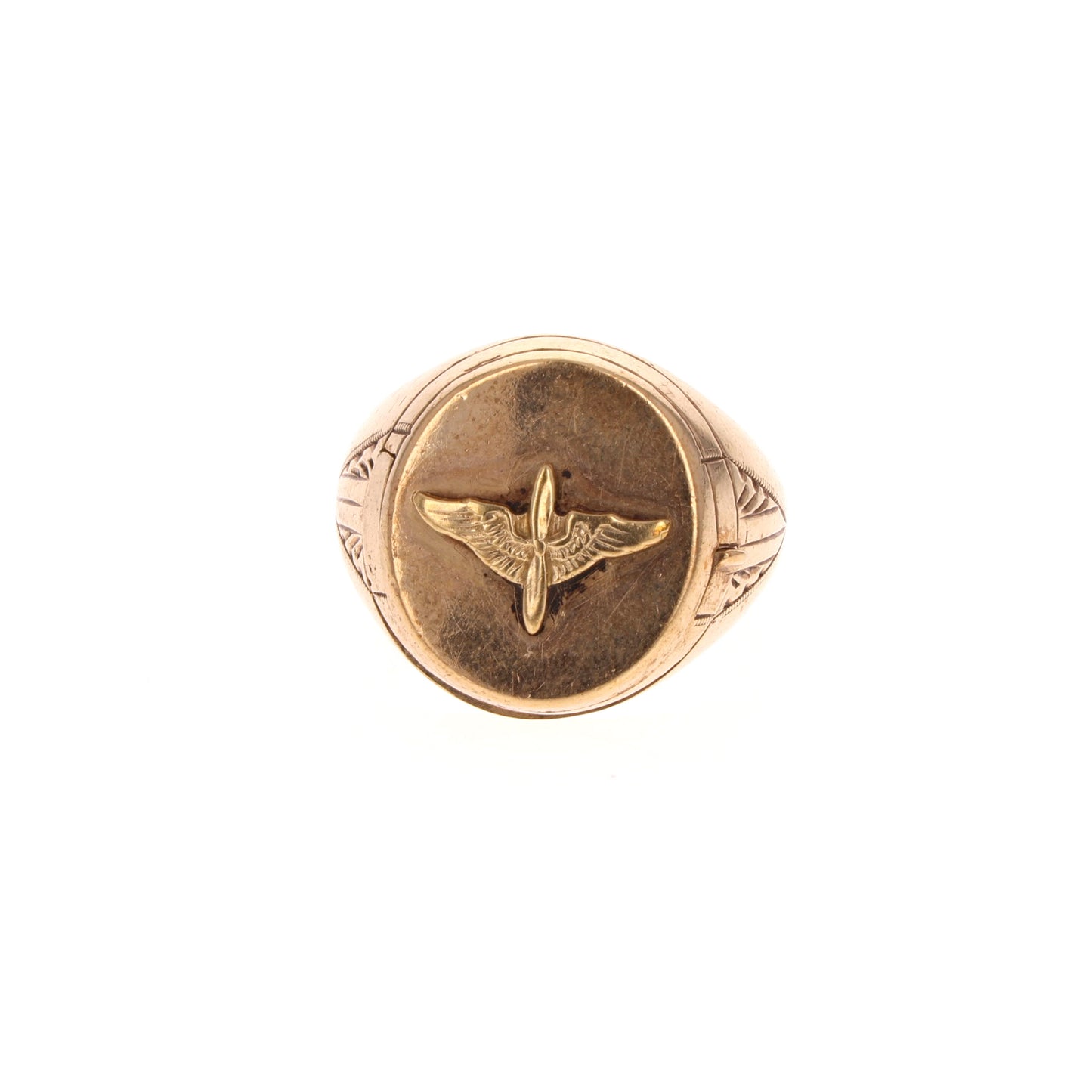 WWII U.S. Army Air Corps 10K Gold Signet Ring by Baden & Foss with Catholic Detail (Size 5.25)