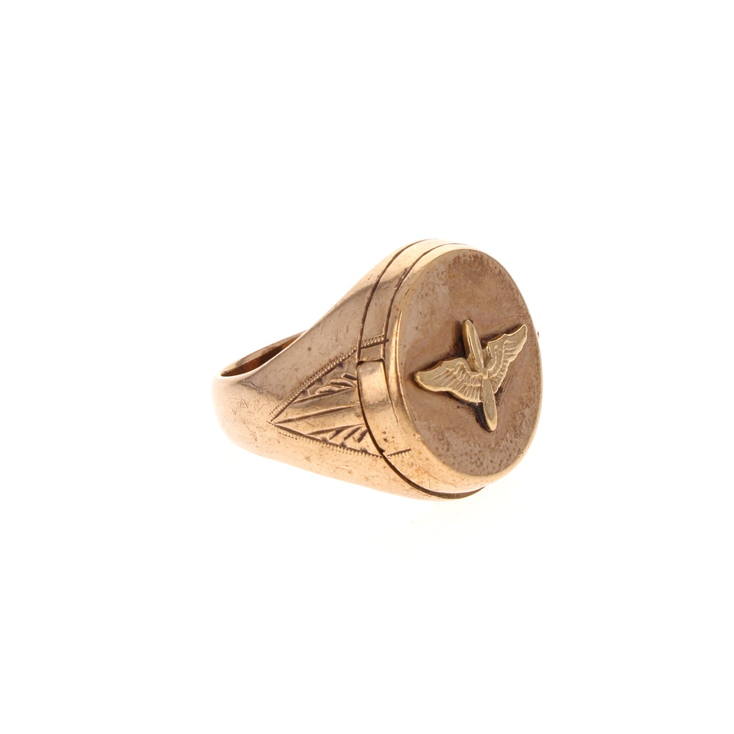 WWII U.S. Army Air Corps 10K Gold Signet Ring by Baden & Foss with Catholic Detail (Size 5.25)