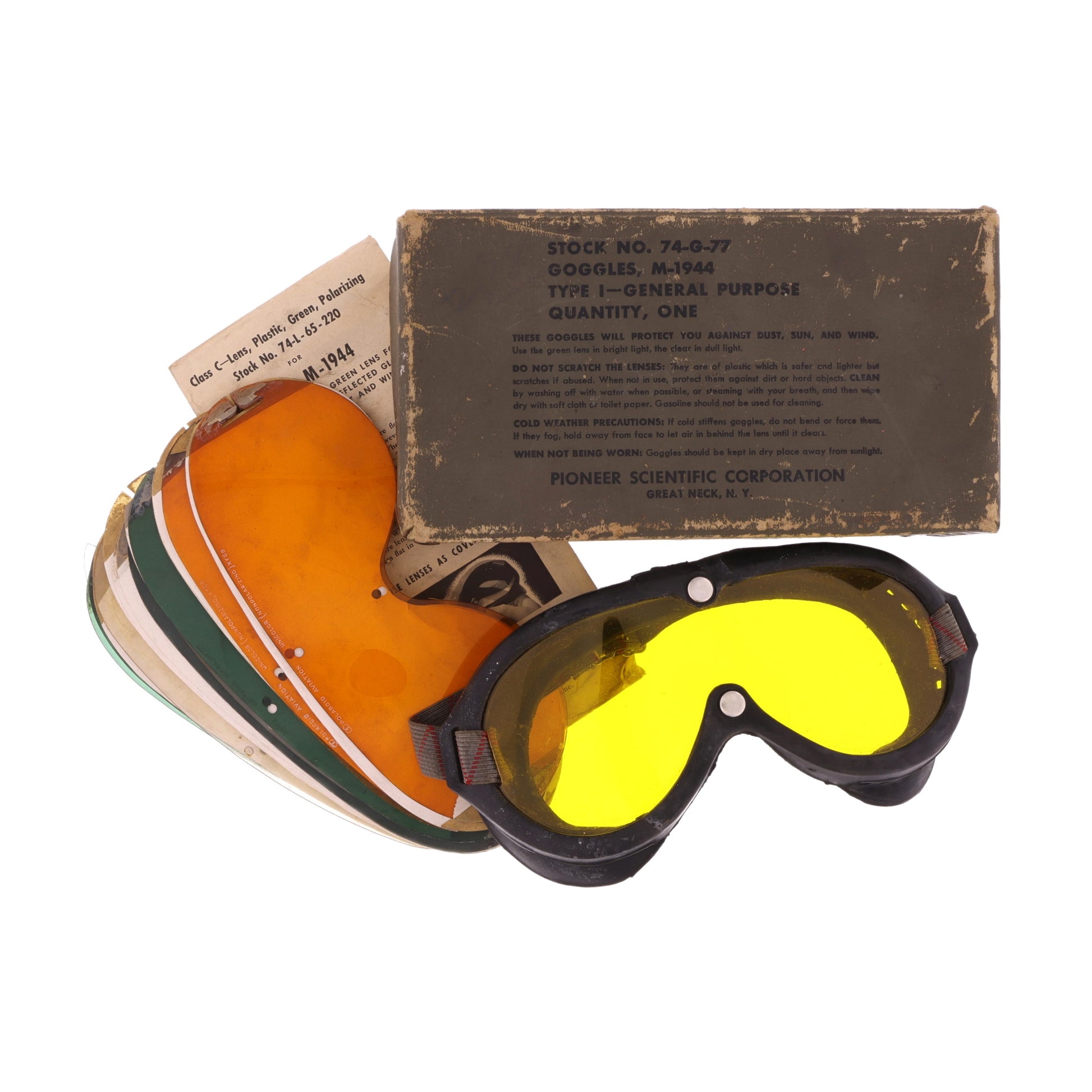 WWII U.S. Army & USAAF M-1944 Type I General Purpose Goggles with Box, Instructions & Replacement Lenses by H. L. Bouton Co.