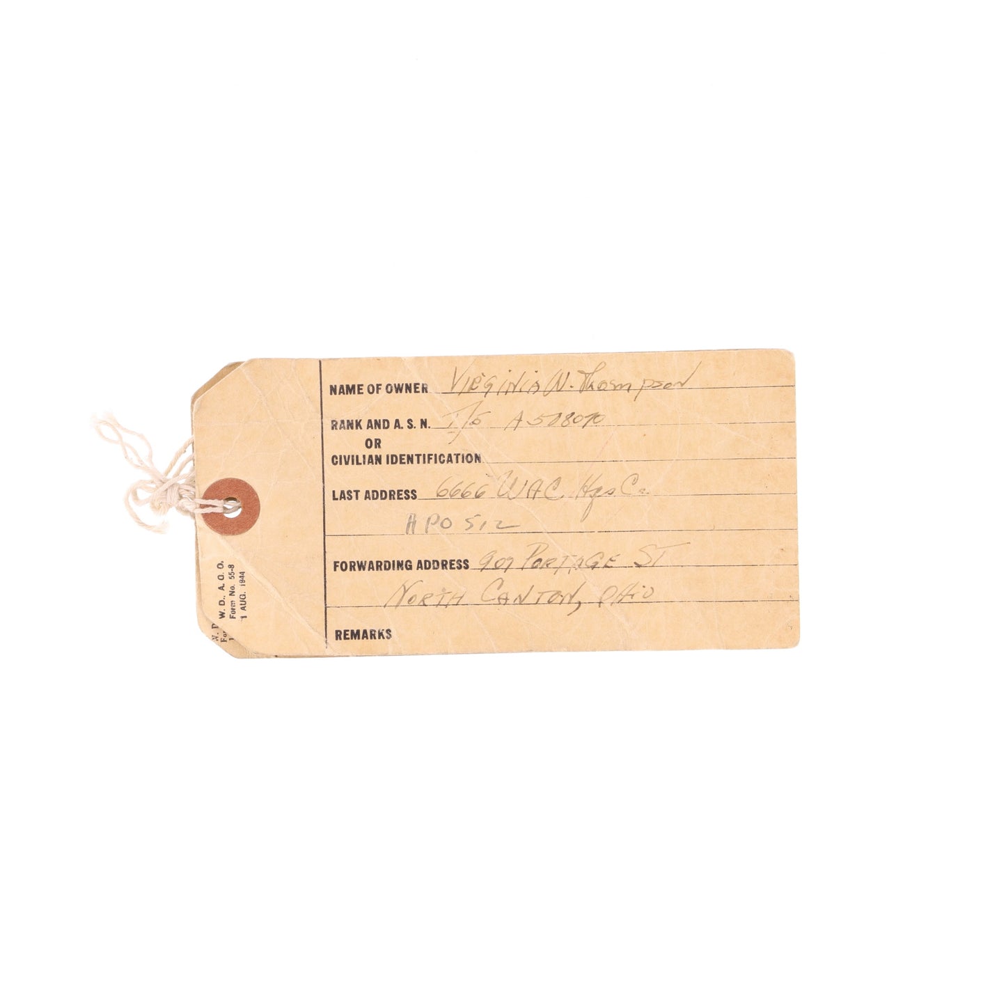 WWII U.S. Women's Army Corps (WAC) Footlocker Tags Identified to T/5 Virginia W. Thompson