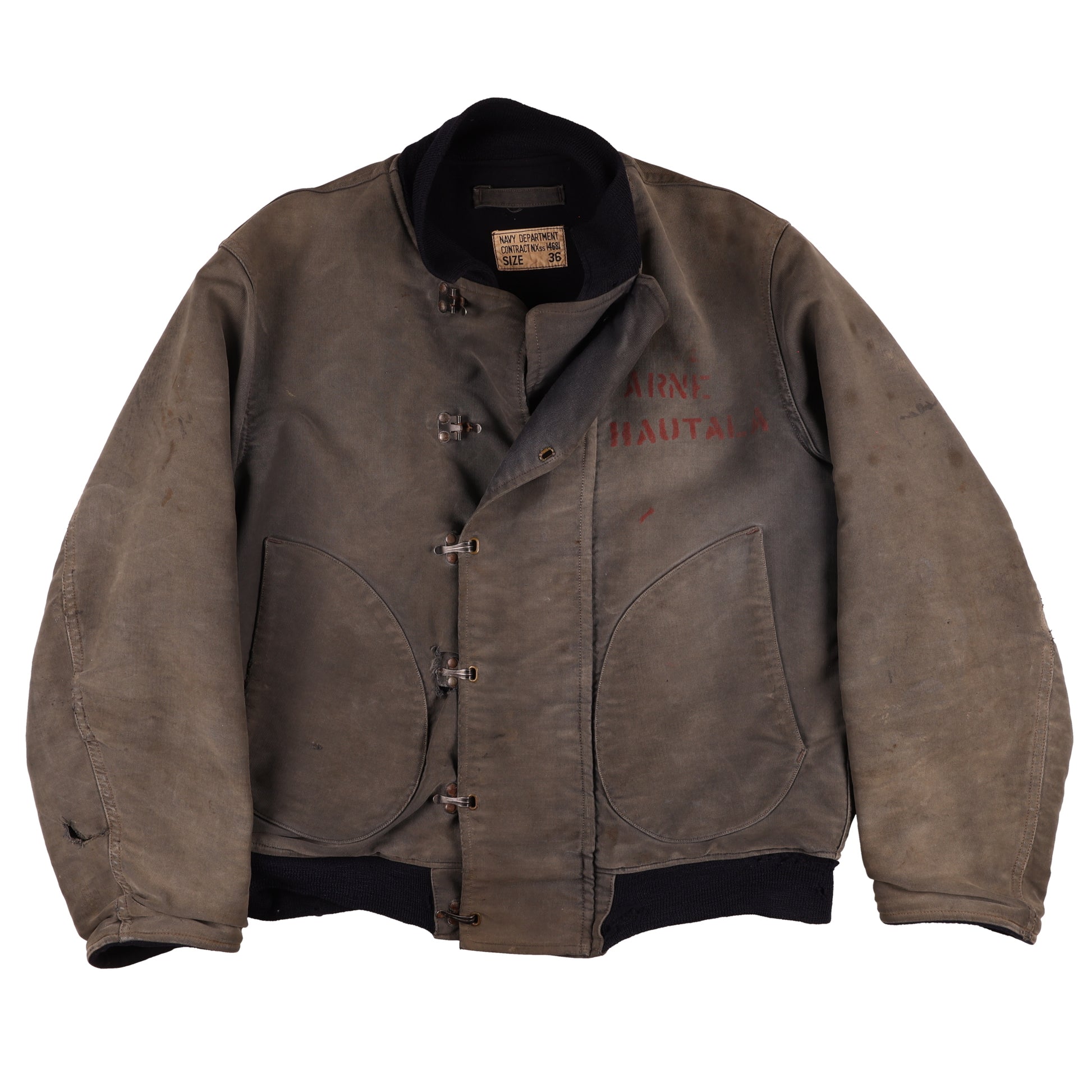 WWII USN Deck Hook Jacket & Foul Weather Deck Cap Identified to Arne A. Hautala Size 36 & 7 (1943)