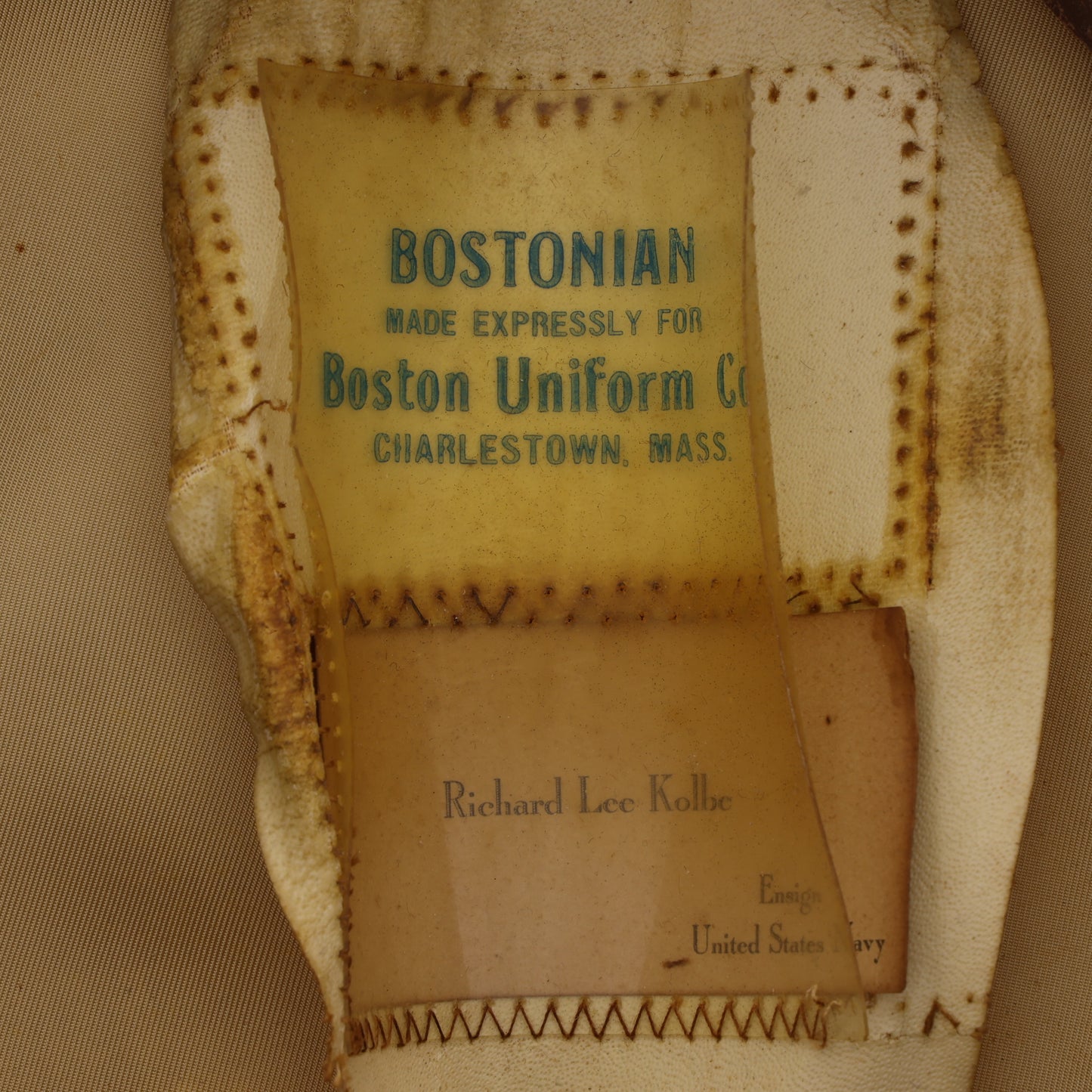 Korean War USN Officer's Khaki "Bostonian" Service Cap by Boston Uniform Co. Identified to Ensign Richard Lee Kolbe (Size 6 7/8)