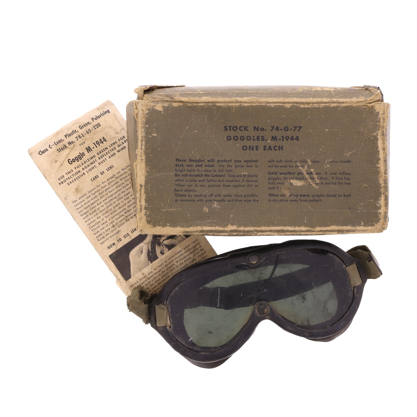 WWII U.S. Army M-1944 Sun, Wind & Dust Goggles with Box, Instructions & Replacement Lens