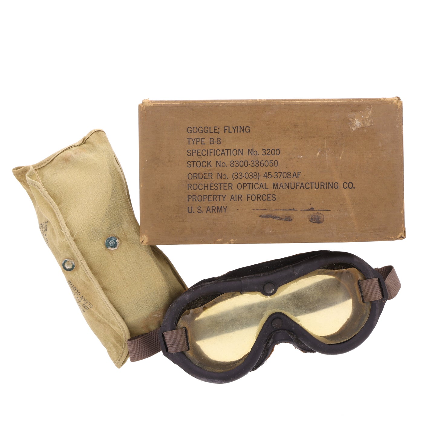 WWII USAAF Type B-8 Goggles with Box, Instructions & Replacement Lenses by Rochester Optical