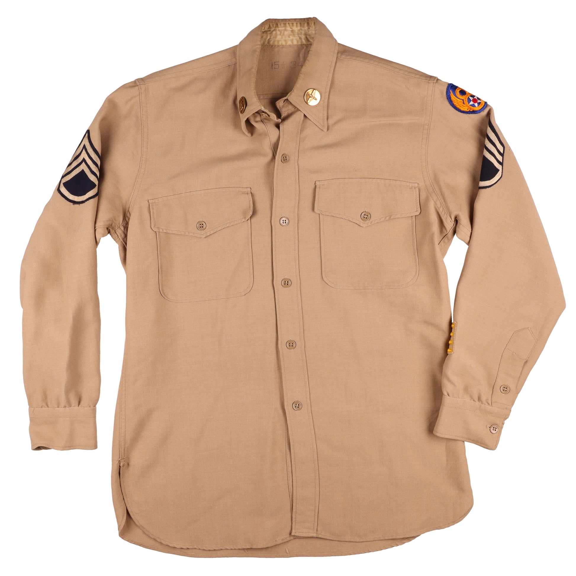 Korean War U.S. 8th Air Force S/Sgt.'s Khaki Wool Service Shirt by Walbern Mfg. Co. Size 15 1/2 x 34 (1952)