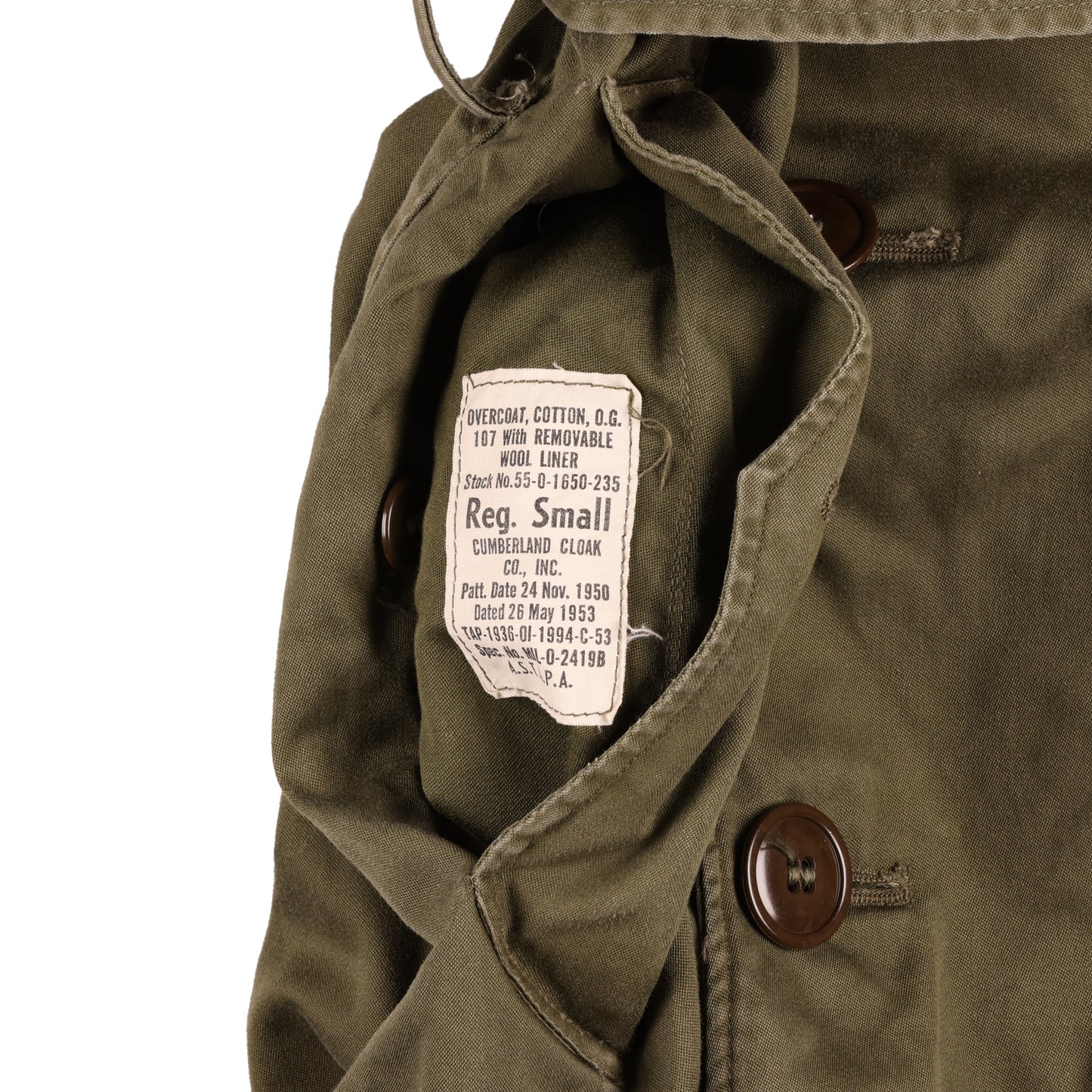 Korean War U.S. Army Cotton Overcoat by Cumberland Cloak Co., Inc. Size Regular Small (1953)