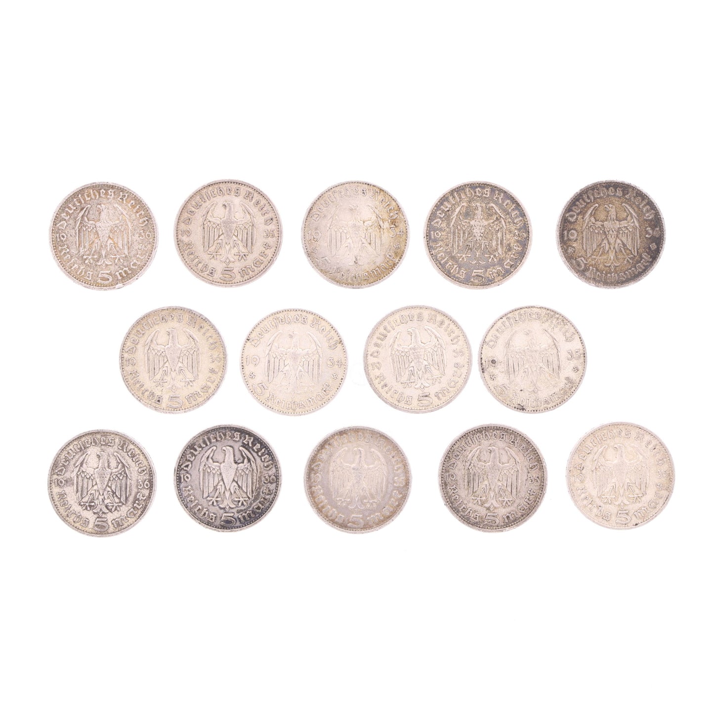 Lot of 14 Pre-WWII German 5 Reichsmark Silver Coins (1934-36)