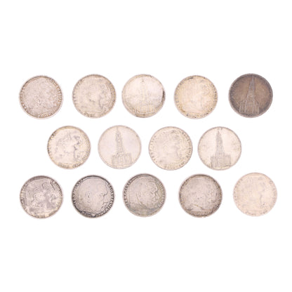 Lot of 14 Pre-WWII German 5 Reichsmark Silver Coins (1934-36)