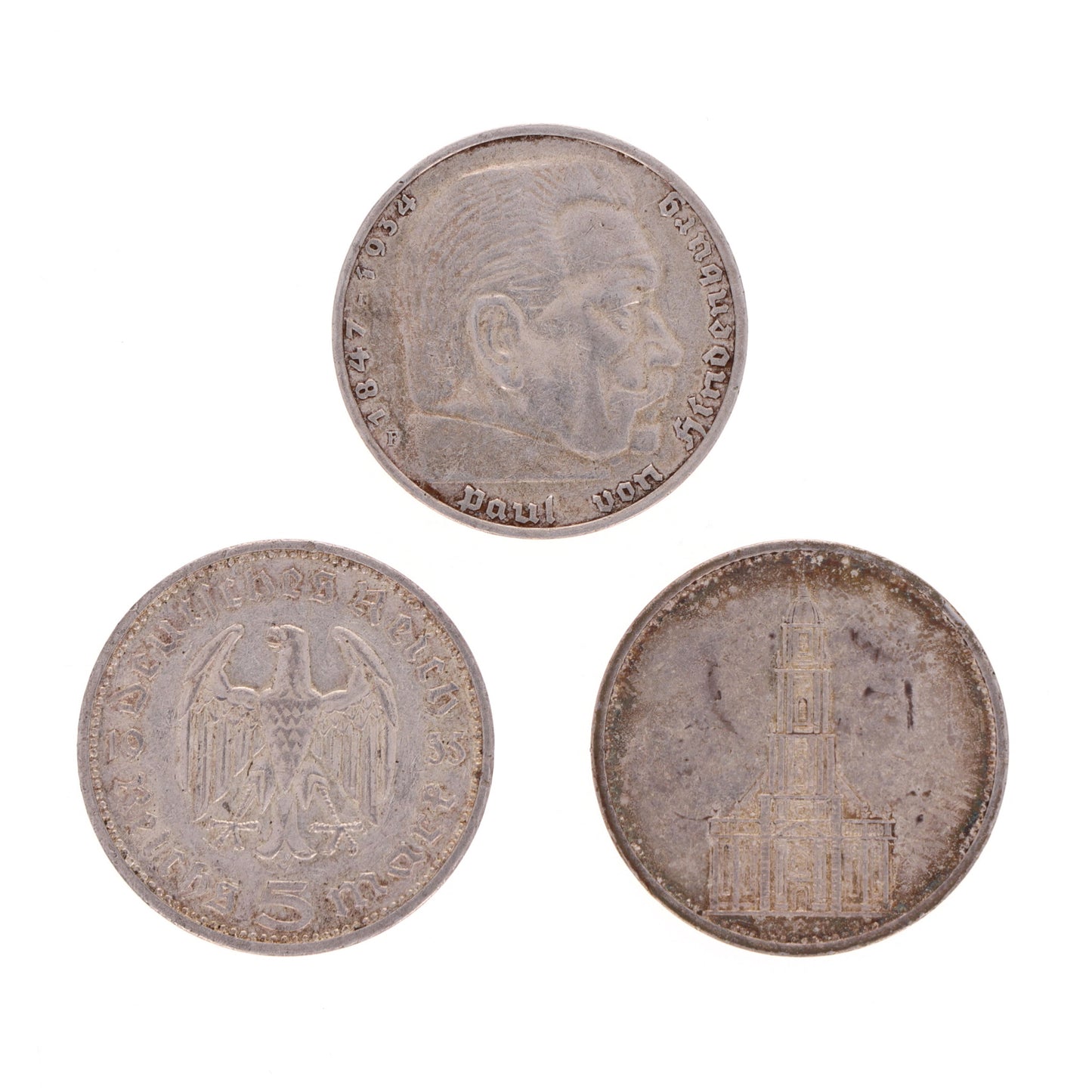 Lot of Three Pre-WWII German 5 Reichsmark Silver Coins (1935)