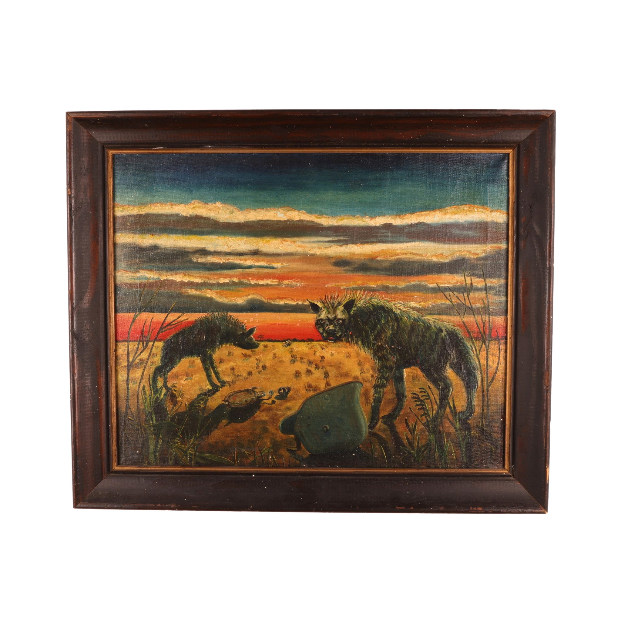 WWI-WWII Oil Painting of Two Hyenas Stalking a Wounded German Soldier by W. Wilken