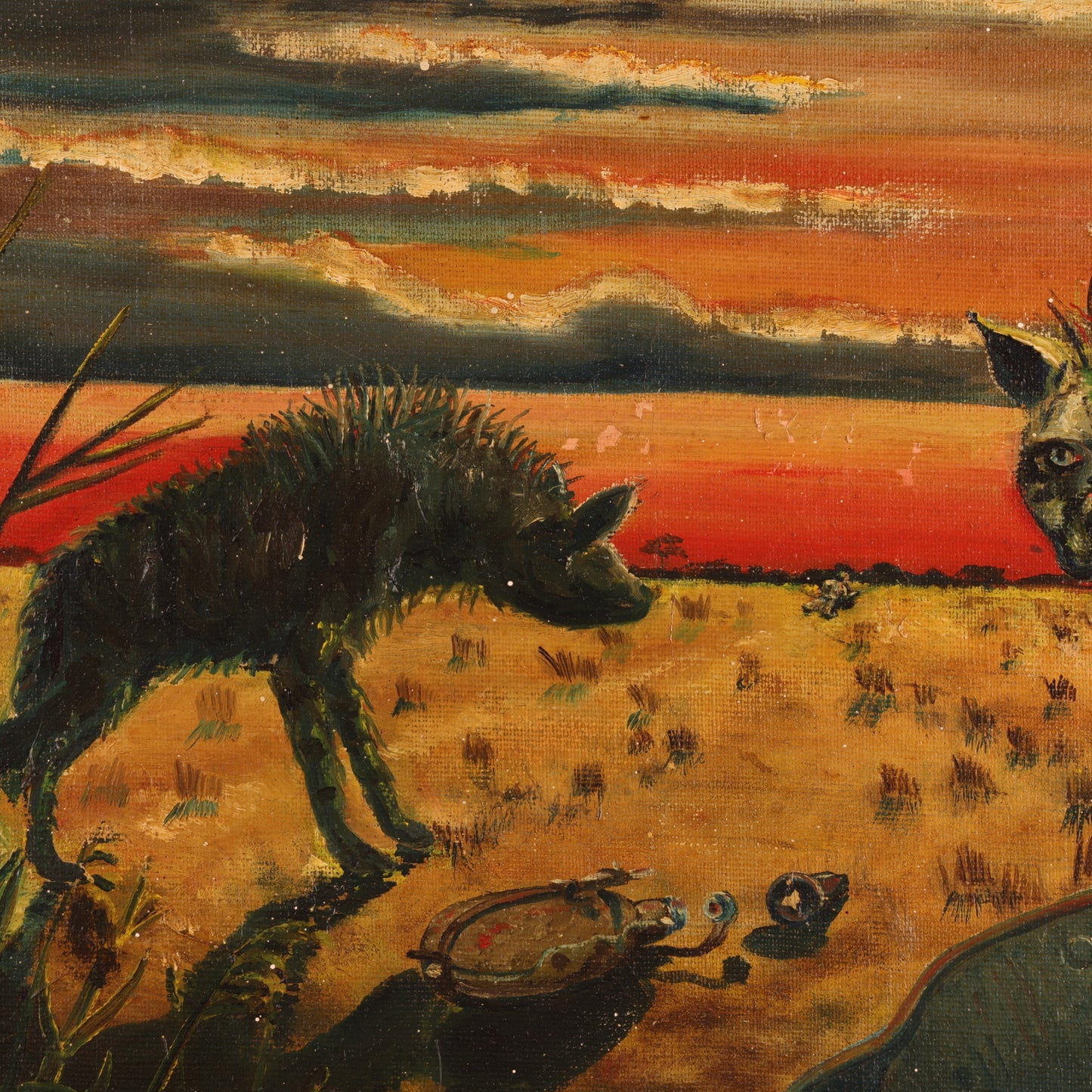 WWI-WWII Oil Painting of Two Hyenas Stalking a Wounded German Soldier by W. Wilken
