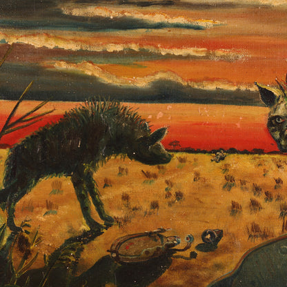 WWI-WWII Oil Painting of Two Hyenas Stalking a Wounded German Soldier by W. Wilken