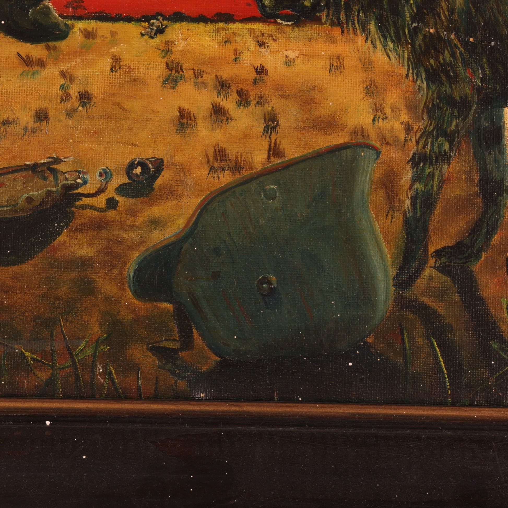 WWI-WWII Oil Painting of Two Hyenas Stalking a Wounded German Soldier by W. Wilken