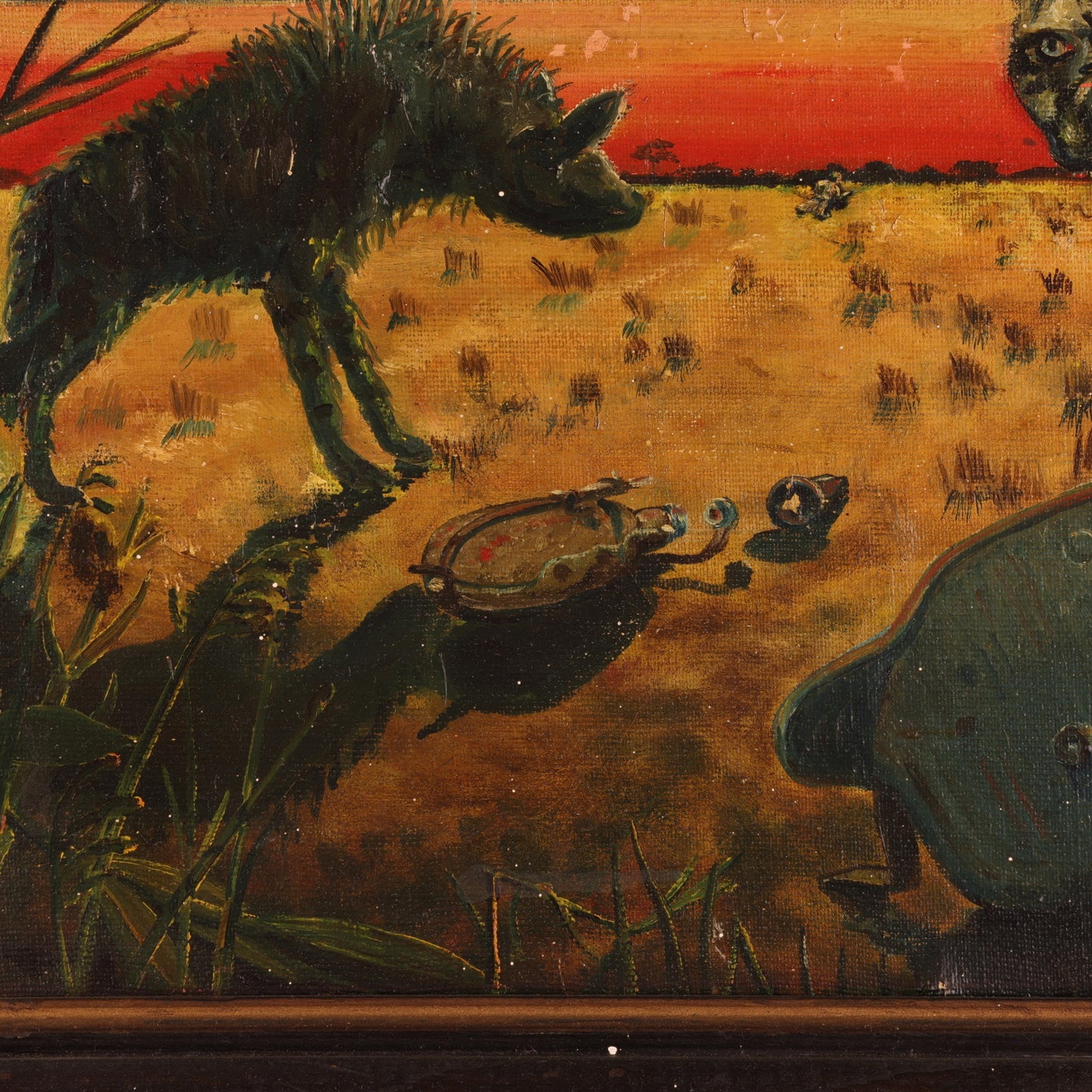 WWI-WWII Oil Painting of Two Hyenas Stalking a Wounded German Soldier by W. Wilken