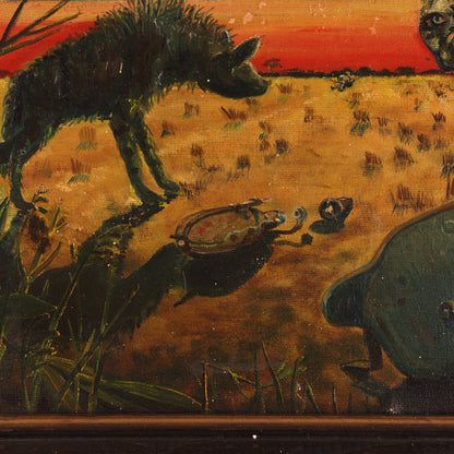WWI-WWII Oil Painting of Two Hyenas Stalking a Wounded German Soldier by W. Wilken