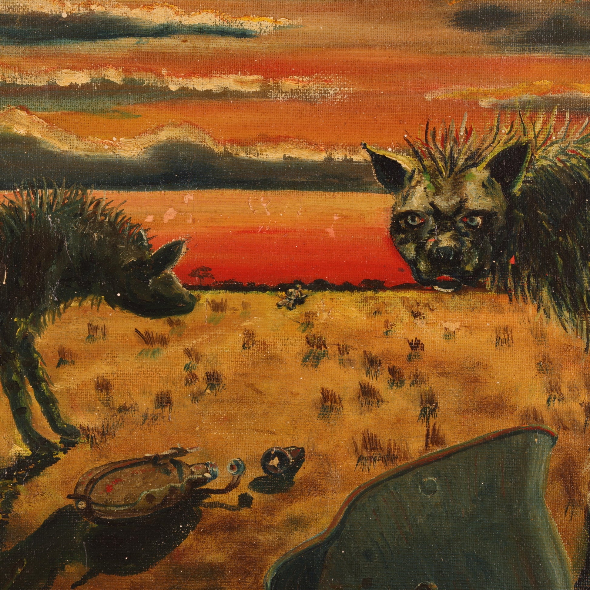 WWI-WWII Oil Painting of Two Hyenas Stalking a Wounded German Soldier by W. Wilken