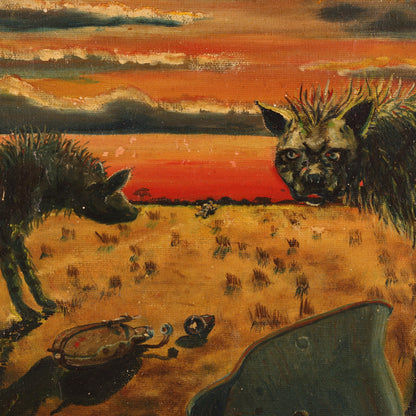 WWI-WWII Oil Painting of Two Hyenas Stalking a Wounded German Soldier by W. Wilken