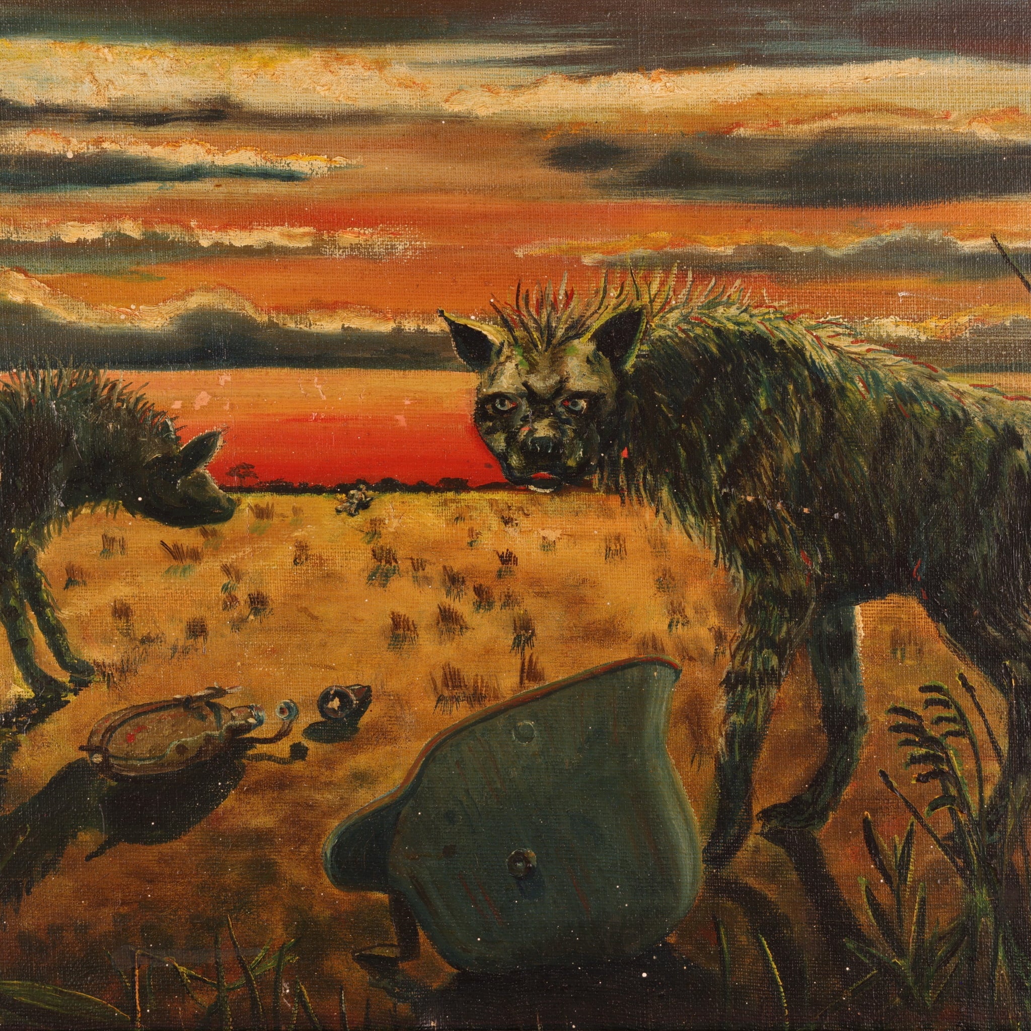 WWI-WWII Oil Painting of Two Hyenas Stalking a Wounded German Soldier by W. Wilken