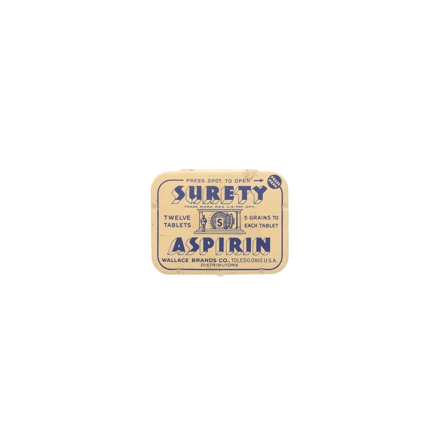 Pre-WWII U.S. Surety Aspirin Tin with Tablets by Wallace Brands Co. (1940)