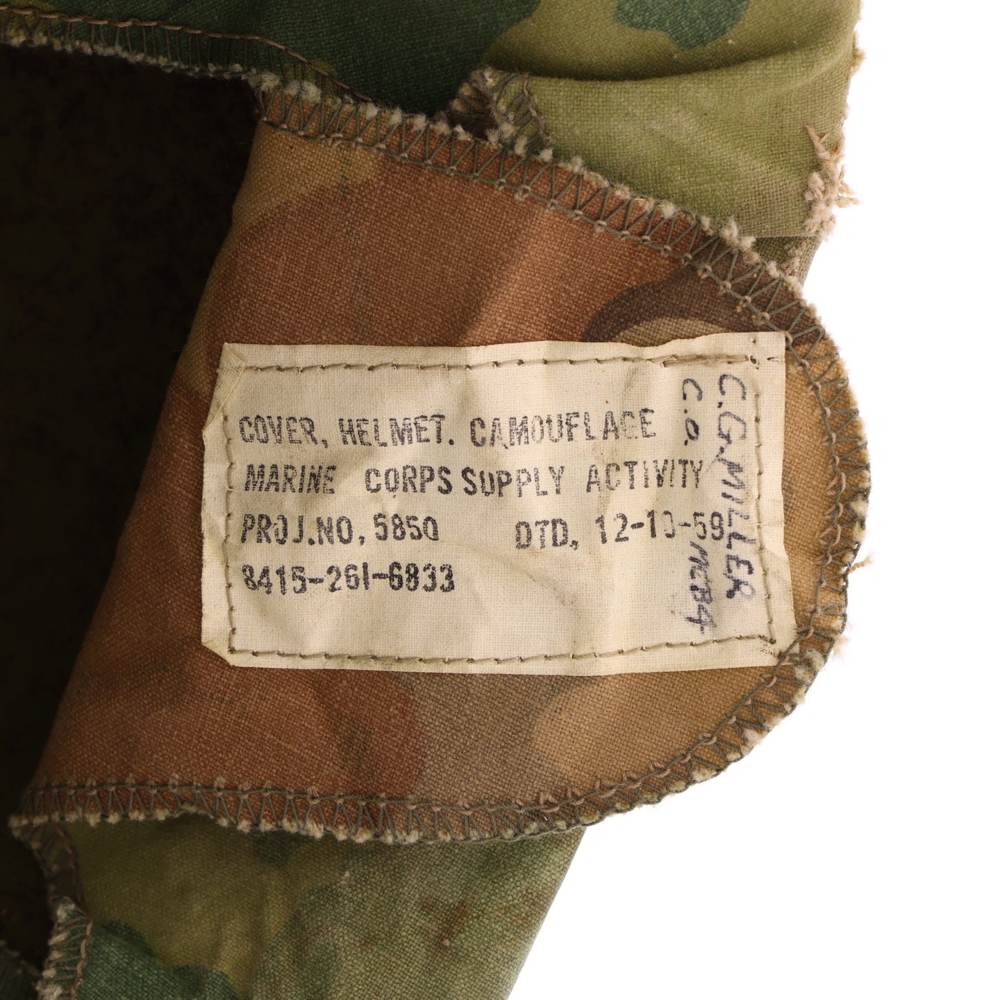 Pre-Vietnam War USMC McCord Swivel Loop M-1 Helmet & Westinghouse/Micarta Liner Set with Camouflage Cover Named to Two Different Marines (1942-59)