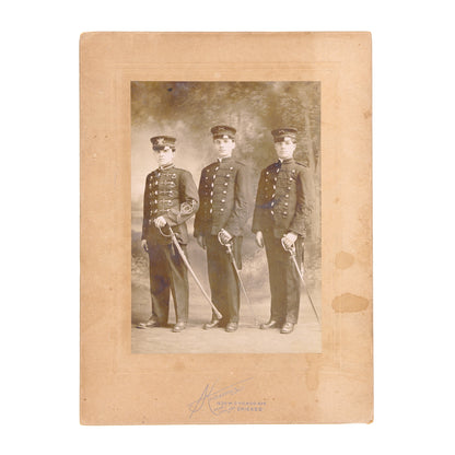 Pre-WWI U.S. Studio Photograph of Three Military Academy Cadets in Dress Uniforms with Sabers by Hugo E. Kuessner