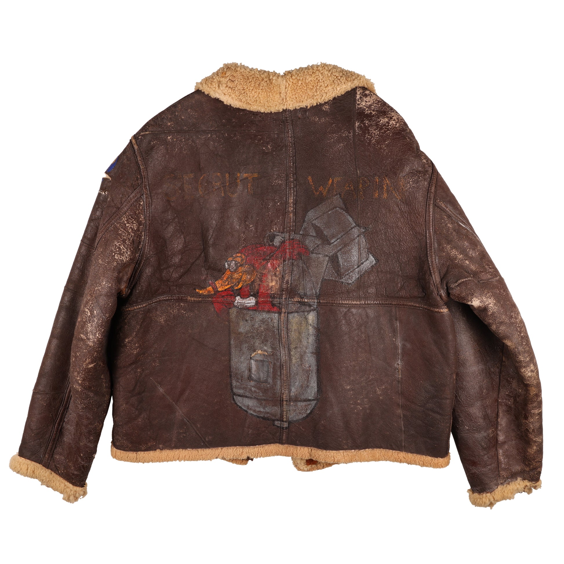 WWII USAAF Type D-1 Ground Crew Sheepskin Jacket by Werber Sportswear  with Hand Painted Secrut Weapin Nose Art (Size Medium)